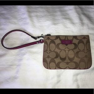 Brown COACH Wristlet with Magenta Accents
